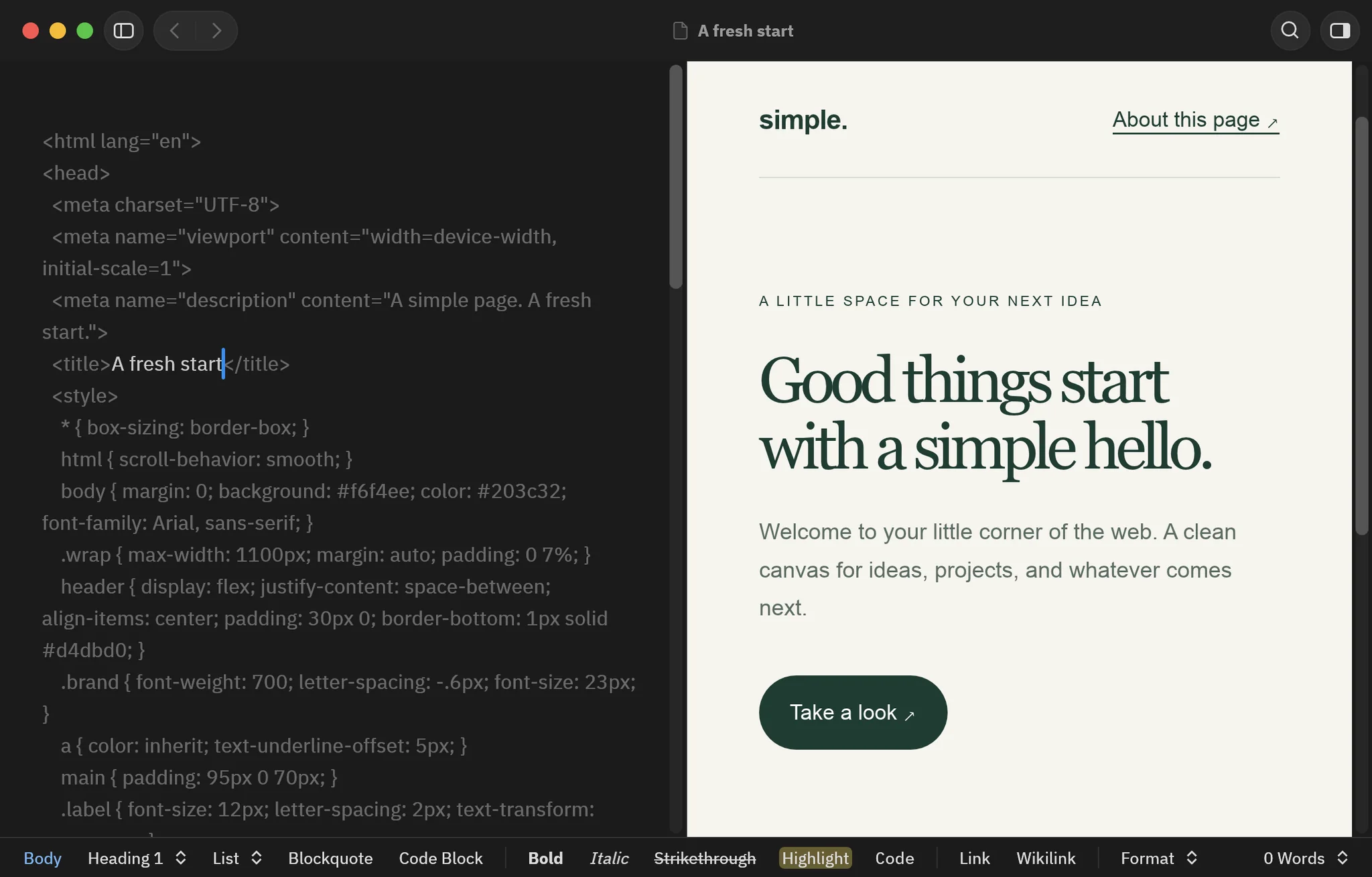 Stropha’s window in its dark colours: on the left, a Markdown file written in HTML, its tags and style sheet in grey; on the right, its Preview, a light web page headed “Good things start with a simple hello.”